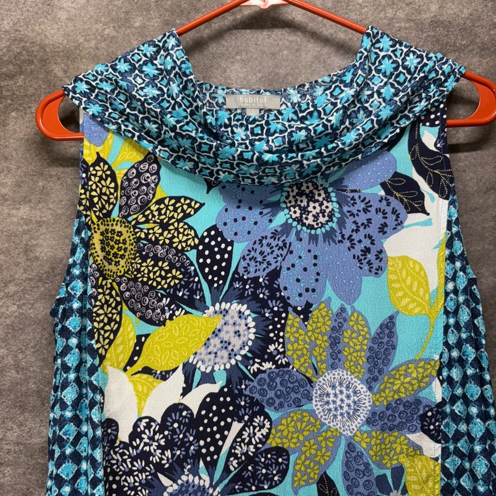 Habitat Blue Floral Geometric Cowl Neck Sleeveless Tunic Top Size S Boho Artsy - Picture 2 of 11